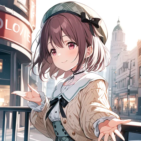 masterpiece,ibukinagisa,1girl,solo,idolylove dress,idolylove beret,looking away,outstretched hand,idolylove cardigan,smile,upper body,from side,standing,closed mouth,<lora:ibukinagisa:0.8>,outdoor,CITY,