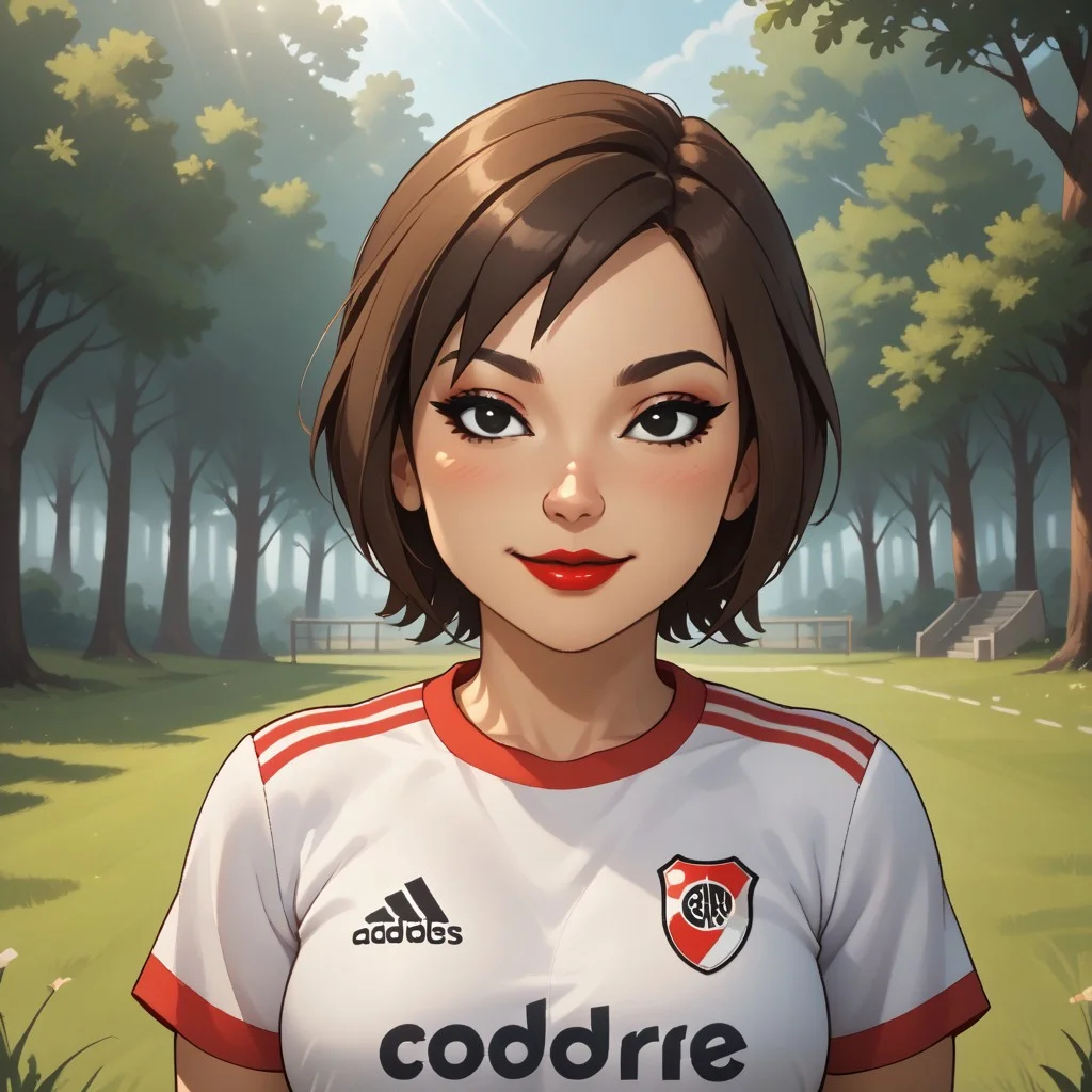 score_9, score_8, BREAK, solo, mii, wii u, wii sports club, 1girl, female mii, cute, brown hair, short ponytail, black eyes, makeup, blush, black purple eyeshadow, red lips, lipstick, RiverPlate, striped shirt, striped, shirt, white shirt, short sleeves, clothes writing, sportswear, soccer uniform, breasts, Se-Young_(\Wii_Sports_Club\), Nintendo Mii, modern_mii, classic_mii, adult female, mature female, sexy pose, self portrait, smile, outdoors, sunlight, shadows, evening lighting, natural lighting, forest, trees, grass, orange sky, sunset