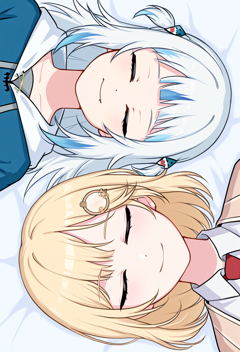 masterpiece, high quality, absurdres, lying parallel, upper body, rotational symmetry, lying, 2girls, gawr gura, watson amelia, closed mouth, smile, closed eyes, 
<lora:Lying_parallel:1>