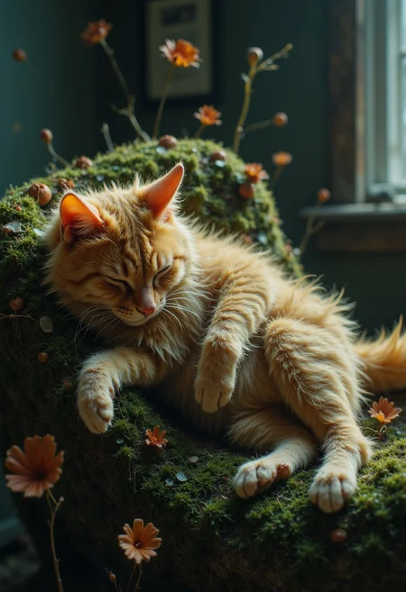 realistic analog photo of a fluffy sleeping cat on a couch made of organic material and translucent fungus, very detailed, moody, high quality, hyperrealistic,