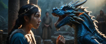 movie still photography of (ebony blue dragon's head protecting a blind young lady:1.3), (komodo snake hybrid:0.3), cinematic, epic, dramatic lighting, rim light, dim light, sinuous pose, veiny skin, subsurface scattering, sss, (intricate grooming furs with scales:1.7), bokeh effect, dragon style post-production, irisation, fur, (mythical:1.2), (high resolution:1.2), (detailed scales:1.1), (vibrant colors:1.2), (fantasy realism:1.2), (impressive:1.1), golden eye focus, hyper realistic outdoor chapel, medieval, north men, dangerous, deep eyes, intricate , scary, highly detailed, digital painting, artstation, concept art, smooth, sharp focus, illustration, high budget, bokeh, cinemascope, moody, epic, gorgeous, RAW candid cinema, 14mm, color graded portra 400 film, remarkable color, ultra realistic, remarkable detailed pupils