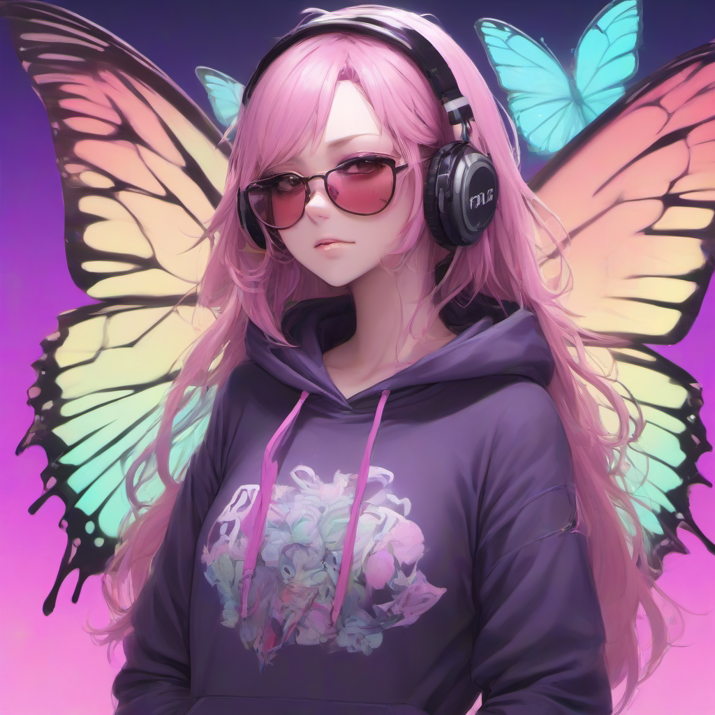 Masterpice,High Quality,portrait,
 <lora:PE_ButterflyLady:0.7> PEButterflyLady, 
wearing a hoodie,headphones,sunglasses,