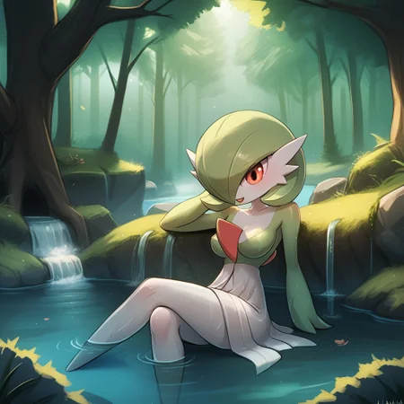 score_9, score_8_up, score_7_up, score_6_up, score_5_up, score_4_up, cartoon style,
luminekoStyle,
cartoony style,
1 girl, gardevoir, green_hair, green_skin, hair_over_one_eye,
forest, river, bathing,
