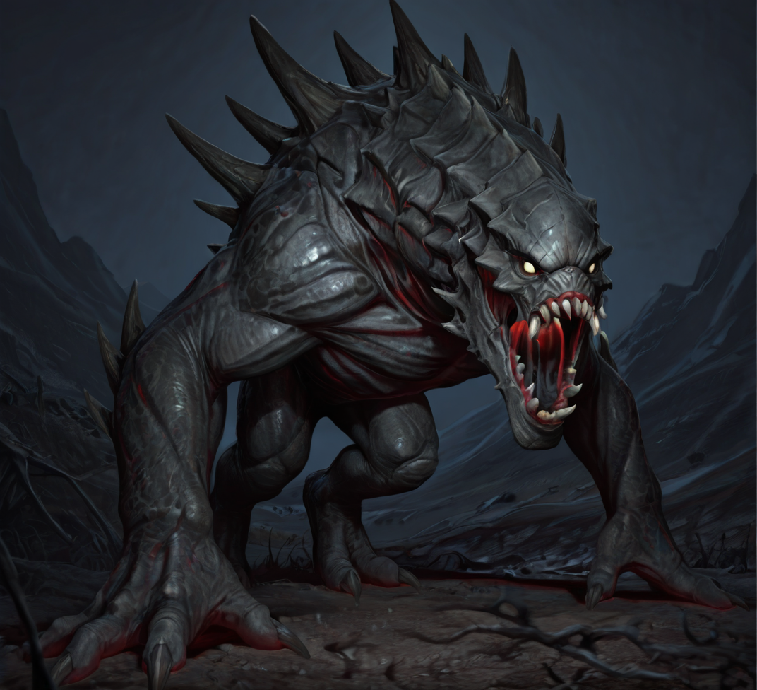 detailed face, detailed body, detailed background, perfect hands, perfect anatomy, masterpiece, high quality, best quality,
crawling, crouched, glowing, (wasteland), darkness, dark, 
g0liath, monster, creature, spikes, sharp teeth, open mouth, red accents, no pupils, grey skin, 
<lora:Goliath_for_Illustrious:0.7>
