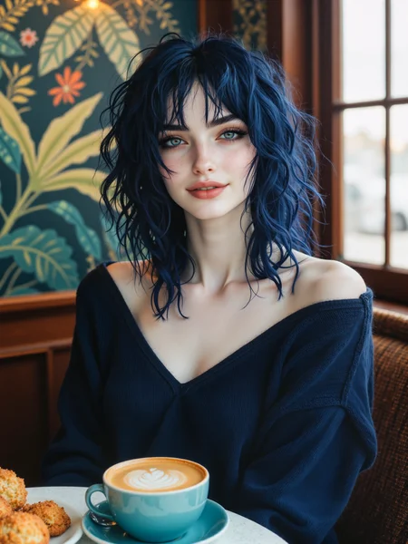 highly detailed, hyper-realistic portrait of a beautiful smiling young alternative girl with messy navy blue hair and highly detailed and expressive eyes. the setting is a cozy café interior equipped with antique furniture. soft, natural lighting is streaming through a large window, casting a warm and inviting glow over the setting. the background features a decorative mural depicting an exotic jungle landscape in the style of henri rousseau, a young woman with striking navy blue, wavy, shoulder-length hair sits across a small café table, her beautiful deep blue sweater has a low neckline, its color harmonizes with the color of her hair, adding richness and depth to the palette, the table is decorated with a latte in a teal ceramic cup and saucer, accompanied by delicate pastries on a small plate, the textures of the ceramic, baked goods, and her sweater contrast beautifully. the young woman has a soft smile with a hint of introspection, her pale, flawless skin and delicate features, including full lips and subtly flushed cheeks, give her an ethereal quality, her pose is relaxed yet poised. the shot type is a frontal medium close-up shot, capturing her from the torso up, the perspective emphasizes the intimate café setting and her striking appearance, with the cup and pastries creating depth and balance in the foreground. soft, diffused natural light highlights her face and hair, with gentle rim lighting accentuating the texture of her sweater and the glossy shine of her hair, warm sunlight filters through the window, casting subtle reflections on the tableware, creating a harmonious interplay of light and shadow. the color palette combines muted earth tones and cool blues with soft pastel accents, textures are rendered with intricate detail, from the fibrous weave of her sweater to the smooth foam of the latte and the flaky surfaces of the pastries, antique furniture, warm and inviting atmosphere, subsurface scattering, fictionalopal, aidmafluxpro1.1, <lora:opal-character-flux-by_meower2024:1.0> <lora:flux_pro1.1_detailer-v0.2-flux-by_aidma:0.4> <lora:style-henri_rousseau-flux-by_tangbohu:0.4>