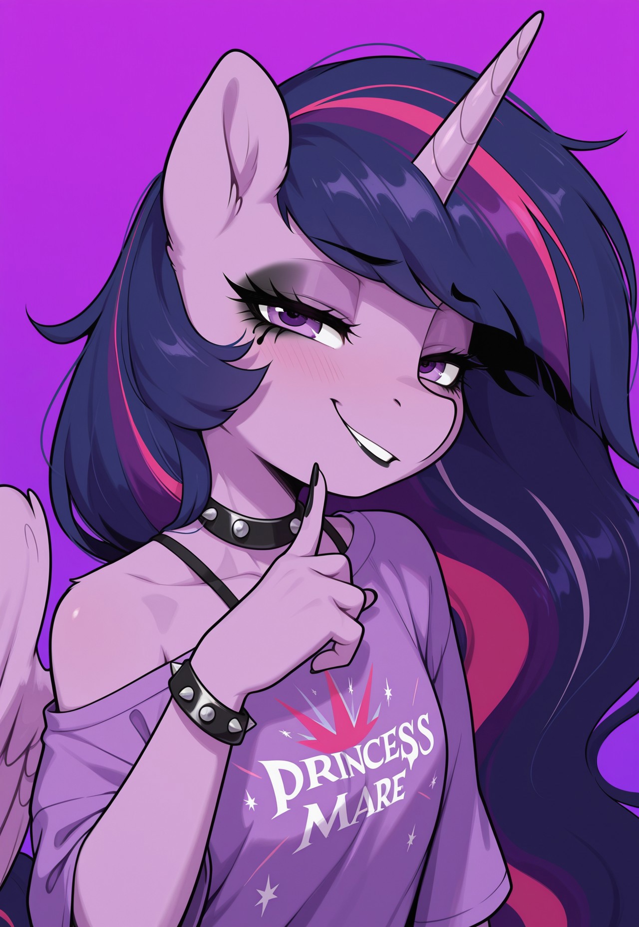 masterpiece, best quality, amazing quality, very aesthetic, absurdres, newest, solo. pony, mare, princess twilight 2, horn, wings, purple eyes, dark purple hair, long hair,  spread_wings, simple_background, braclet_on_hoof, bracelet with spikes, wearing_t-shirt, t-shirt_folds, hair color stripes, black_color_stripes, messy_hair, black_lipstick, hoof_near_face, black_makeup, anthro, bare shoulder shirt, close_up, smug_face, rock_gesture