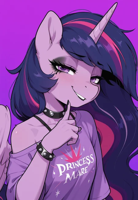 masterpiece, best quality, amazing quality, very aesthetic, absurdres, newest, solo. pony, mare, princess twilight 2, horn, wings, purple eyes, dark purple hair, long hair, spread_wings, simple_background, braclet_on_hoof, bracelet with spikes, wearing_t-shirt, t-shirt_folds, hair color stripes, black_color_stripes, messy_hair, black_lipstick, hoof_near_face, black_makeup, anthro, bare shoulder shirt, close_up, smug_face, rock_gesture