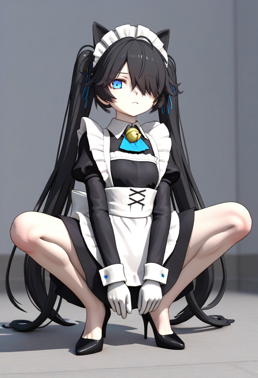(3D),(((MMD))),(Maid-kasli), solo, white gloves, dress, hair over one eye, maid apron, blue eyes, twintails, cat ears, maid headdress, maid, gloves, 1girl, apron, juliet sleeves, long sleeves, long hair, black hair, animal ears, bell,(Fall down),(squatting down, heels touching each other, legs fully extended outward)