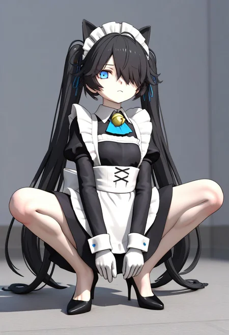 (3D),(((MMD))),(Maid-kasli), solo, white gloves, dress, hair over one eye, maid apron, blue eyes, twintails, cat ears, maid headdress, maid, gloves, 1girl, apron, juliet sleeves, long sleeves, long hair, black hair, animal ears, bell,(Fall down),(squatting down, heels touching each other, legs fully extended outward)