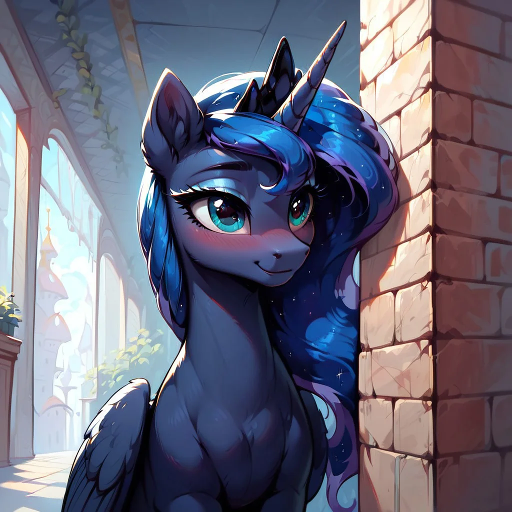 masterpiece, score_9, score_8_up, score_7_up, (best quality:1.1), ultra-detailed, high resolution, 1 girl, solo, pony, alicorn, highly detailed macro illustration, Princess Luna smiling, blushing, Princess Luna, feral, female, mare, cute, long eyelashes, (indoors), (((beautiful detailed eyes))), Long eyelashes, fluffy, ear fluff, long eyelashes, (cornering), taking cover, spying, marble wall, Highly Visible, (((8k))), sharp focus, perfect lighting, anatomically correct, extremely detailed, shine on body, (Canterlot Interior), high detail, cute face, Expressiveh, detailed background, OverallDetail, zPDXL2, <lora:Corneringv1:0.8>