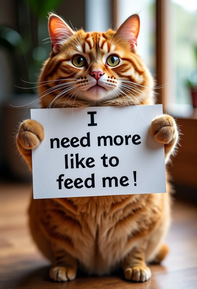 a big maine cat, holding a sign with the text reads "I need more like to feed me",at home,realistic image