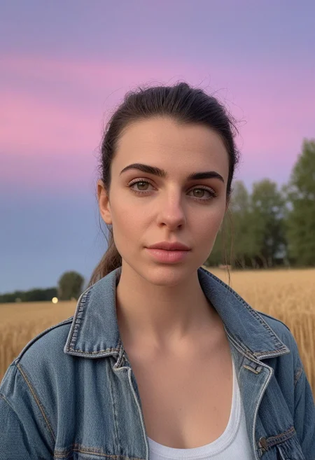 30yo american woman in a wheat field
Small eyes. Brown eyes.
Wearing ripped Denim jacket
no makeup. Clear skin. realistic skin style
Long dark black slick back hair. No makeup. Dusk, Street light. Looking at camera POV. Slight smile, tilting head.. Tilt head. Hands in head, face, lips.
Medium Close Up shot. Bokeh. Bokeh light. Sunset. yellow, purple sky.