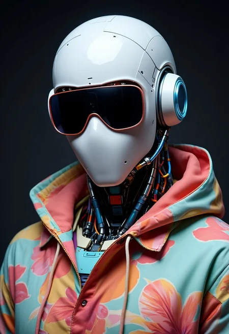 ajpasbot. A science fiction portrait showing a white spherical robotic head with a single black camera lens positioned at its center, wearing a sleek black pair of sunglasses, custom-fitted despite its singular lens. The robot is dressed in an oversized Hawaiian shirt with the hood down, featuring a vibrant tropical pattern in shades of red, orange, turquoise, and yellow. The robotic head features mechanical joints and servo motors visible at the neck connection. The shirtâs lightweight fabric drapes in deep folds around the metallic neck components. Side-mounted LED lights cast stark shadows across the robot's white surface and colorful fabric, emphasizing the mechanical components and textile textures. Close-up portrait photography with dramatic side lighting and sharp focus against a dark background.