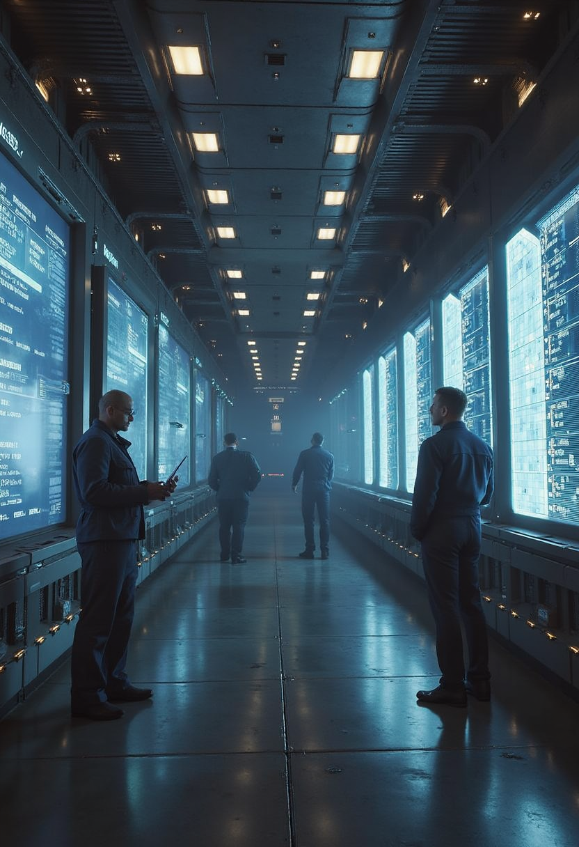 yfg-l3ms, YFG-L3ms a luminous corridor lined with holographic screens, engineers verifying off-world shipping manifests