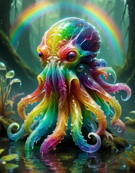 A cute colorful rainbow cthulhu, wildlife photography, in a ral-czmcrnbw swamp, 4K UHD, 8K UHD, High-definition<lora:ral-czmcrnbw-sdxl:1> ral-czmcrnbw