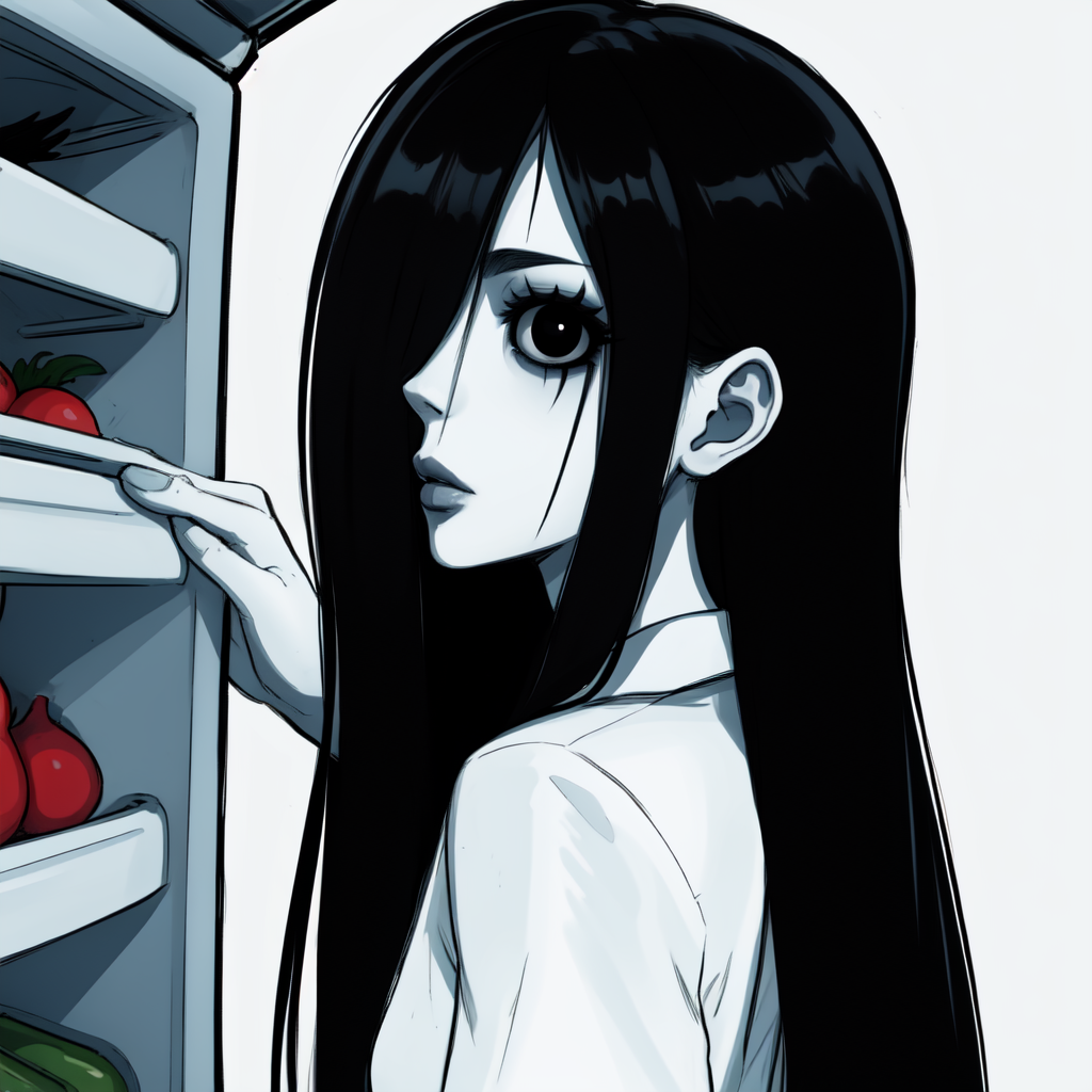 <lora:TheOnryo:0.8> sadako, pale skin, white dress, black hair, very long hair, hair over one eye, black eyes, dark room, searching the fridge, from the side