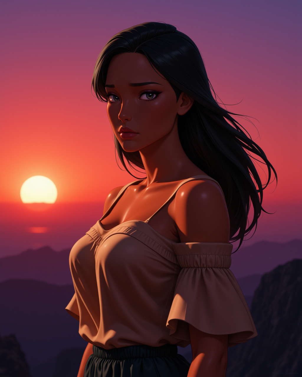 close-up, looking at viewer, outdoors daylight, Embittered with a scowling face, lips pursed tightly, and eyes hardened with resentment.
A woman stands at the edge of a cliff at sunrise, watching the sky change colors from deep purple to vibrant orange, the cool wind brushing past her. in a dynamic pose
<lora:Disney_-_Pocahontas_v2-000030:1> d-pocahontas a 20 year old adult woman with black eyes, black hair and dark skin. Off-the-shoulder top with voluminous sleeves, elastic waistband, and a relaxed fit
