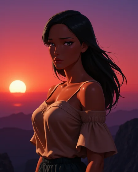 close-up, looking at viewer, outdoors daylight, Embittered with a scowling face, lips pursed tightly, and eyes hardened with resentment.
A woman stands at the edge of a cliff at sunrise, watching the sky change colors from deep purple to vibrant orange, the cool wind brushing past her. in a dynamic pose
<lora:Disney_-_Pocahontas_v2-000030:1> d-pocahontas a 20 year old adult woman with black eyes, black hair and dark skin. Off-the-shoulder top with voluminous sleeves, elastic waistband, and a relaxed fit