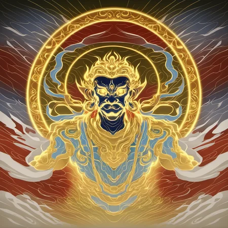 a projection of immortal,halo,<lora:eastern_mythology_xl:0.6>,golden line,tangka,mix,front view,