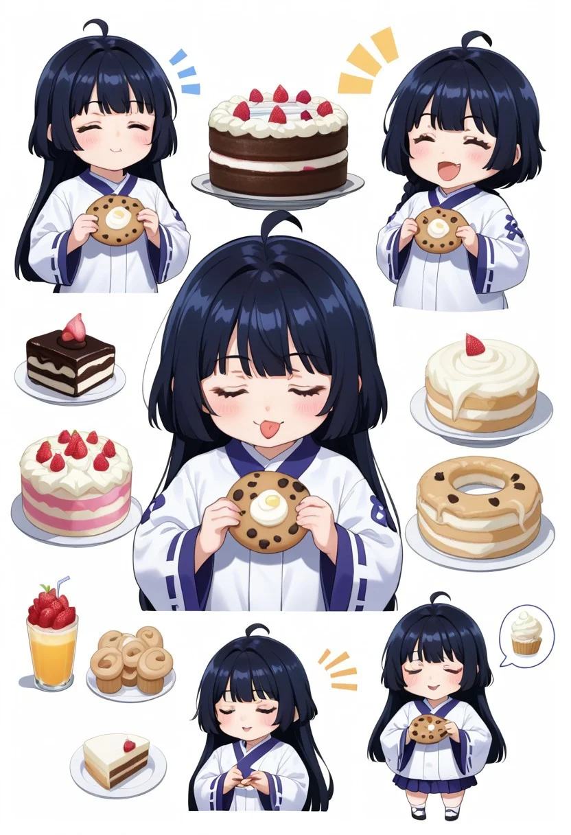 chibi solo, 1girl, medium black hair white hanfu, wide long sleeves white hanfu, tongue out, funny,
Fat chibi eating cookies,
closing eyes, giggled, white background,cake, dinner, party,