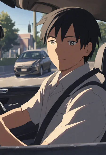 Highres, Masterpiece, High Quality, 4K, 8K, solo, 1Boy, Takaki Toono, adult, black hair, short hair, driving a car, in a car, parking lot, concentration, serious, focused, tired, cheerful, sunny weather, easynegative, detailed_eye_model