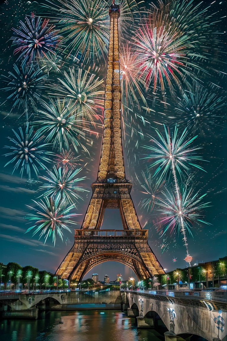 ((masterpiece,best quality)),  <lora:Eiffel_Tower:0.8>, Eiffel_Tower, outdoors, sky, water, no humans, night, night sky, scenery, reflection, city, cityscape, watercraft, fireworks, bridge, river, castle, boat, aerial fireworks