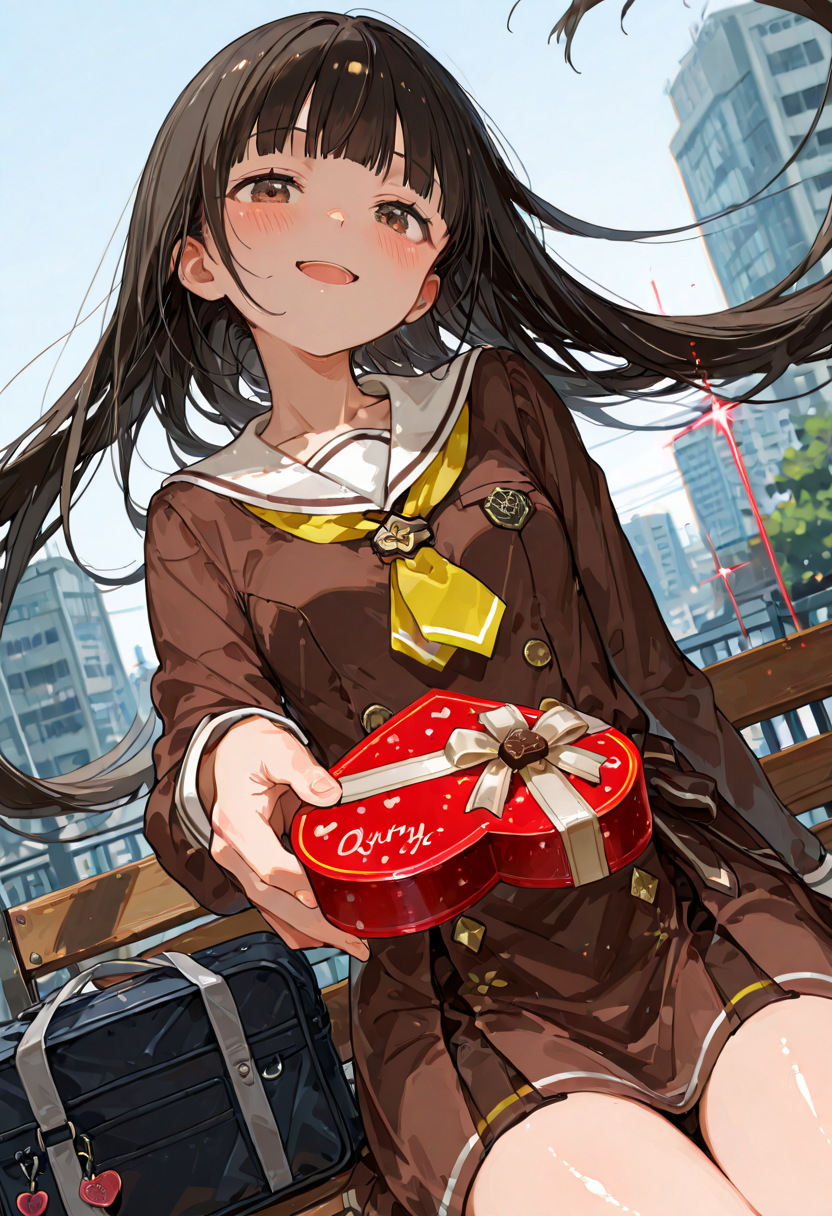 score_9, score_8_up, score_7_up, rating_questionable, masterpiece, best quality, very aesthetic, (flat color, sketch, outline, lineart, graphite \(medium\):0.8), (realistic, photorealistic:0.5), (shiny skin:1.4),
(1 little cute girl, child, petite, nukumizu kaju, make heroine ga oo sugiru!, solo, brown eyes, black hair, very long hair, blunt bangs, floating hair, small breasts, skinny:1.3), kaju-default, nukumizu kaju, NukumizuKaju Cyql,
brown dress,dress,long sleeves,white sailor collar, yellow neckerchief, 
1girl, box, (foreshortening, incoming gift:1.3), heart-shaped box, solo, sitting, (smile, blush:1.3), valentine, looking at viewer, school uniform, gift, open mouth, holding, box of chocolates, bag, holding box, holding gift, outdoors, gift box, giving, school bag, building, bench, city, dutch angle, blurry, blurry background, day, thighs, cityscape, (dynamic pose, dynamic angle:1.3), (face focus, gift close-up, cowboy shot:1.5),
laser light clothes,qxys,748cmstyle,
<lora:Nukumizu Kaju_Illustrious by Cyql:0.8> <lora:spo_sdxl_10ep_4k-data_lora_webui:0.7>,<lora:illustrious_all_rated_v1:0.7>,<lora:laser_light_clothes_v0.5-pony:0.4>,<lora:748cmSDXL:0.9>,