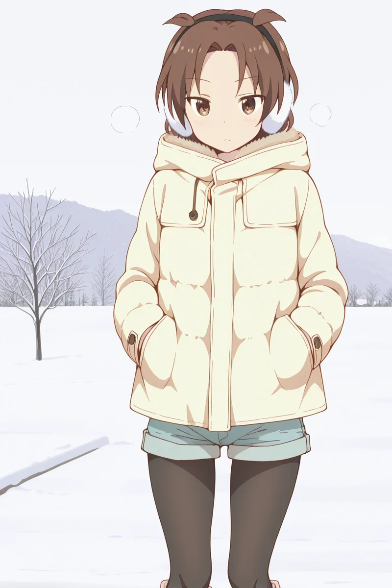 masterpiece, best quality, amazing quality,
<lora:Yuzu_IL:1> yuzu, brown hair, brown eyes, 1girl, earmuffs, hood, coat, legwear under shorts, pantyhose, winter,