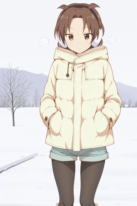 masterpiece, best quality, amazing quality,
<lora:Yuzu_IL:1> yuzu, brown hair, brown eyes, 1girl, earmuffs, hood, coat, legwear under shorts, pantyhose, winter,
