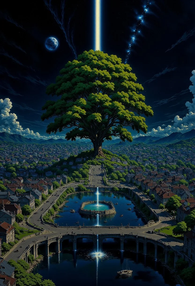 AnimeSky style, anime style, high lighting, Minimalist style city, with an octagon shape and canals that connect in the center of the city, the central focus is a large tree with luminescent leaves and is surrounded by water, which connects to the canals and connects with eight bridges between the canals to the city, it will have some large squares and houses, the sky would be at night where you can see a large galaxy accompanied by some planets.
high quality, best quality, masterpiece, high definition, high resolution