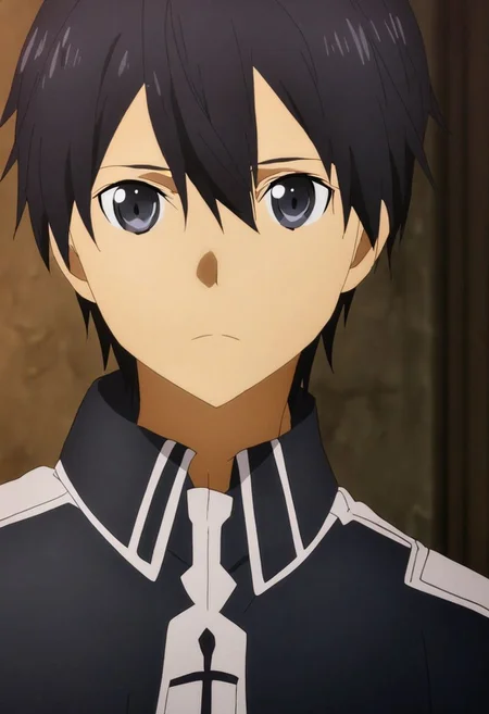 high resolution, solo, best quality, 1Boy, Kazuto Kirigaya, Black Hair, Black Eyes, portrait, looking at viewer, focused gaze forward, upper body, head upright, neutral expresion, OverallDetail