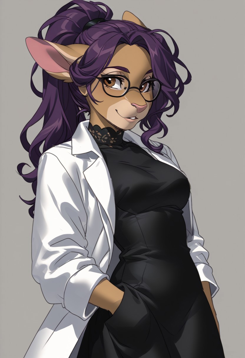 score_9, score_8_up, score_7_up, (by jailbird:1.5), (by kittydee:1.5), (by zummeng:1.5), masterpiece, best quality, (solo),  
(Furry Art: anthro: Aardvark:1.5), 1girl, expressive eyes, feminine eyes, <lora:beautiful_detailed_eyes:1>, perfect face, aardvark, mammal, brown skin, large ears, long nose, brown eyes, ponytail hair, purple hair clips, messy hair bangs, brown eyes, black glasses, medium breasts,  (scienist lab coat :1.5), (black dress:1.5),