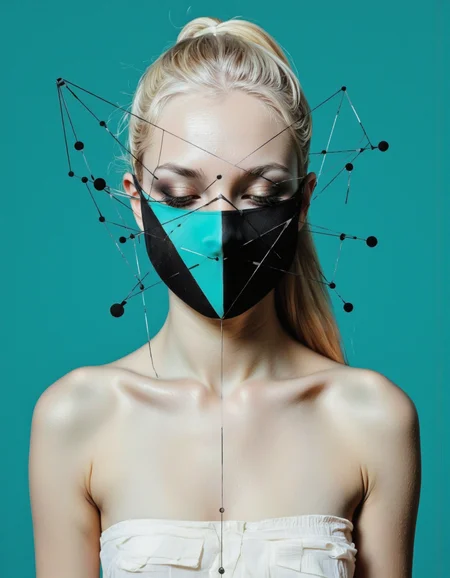 By Tom Nulens. A photo-realistic portrait shoot from a frontal camera angle about a futuristic portrait of a woman with a geometric design covering her face. the image also shows a woman in the middle of the image, who appears to be in her early twenties, with light skin, a slender physique, and a single blonde hair tied up in a high ponytail. she is facing the viewer with her eyes closed, and her expression is neutral. the woman is positioned in the center of the frame, with her upper body visible to the camera. the background is a solid teal color, and the image has a minimalistic, futuristic aesthetic with a focus on geometric shapes and lines. on her face, she is wearing a black and teal mask that covers her eyes, adding a touch of contrast to her pale skin. her hair is styled in a single ponytail, and she is bare shoulders, with no clothing or accessories visible. the overall effect is a striking and captivating image that showcases the woman's unique and futuristic appearance. <lora:Tom_Nulens:0.8045440673828125>