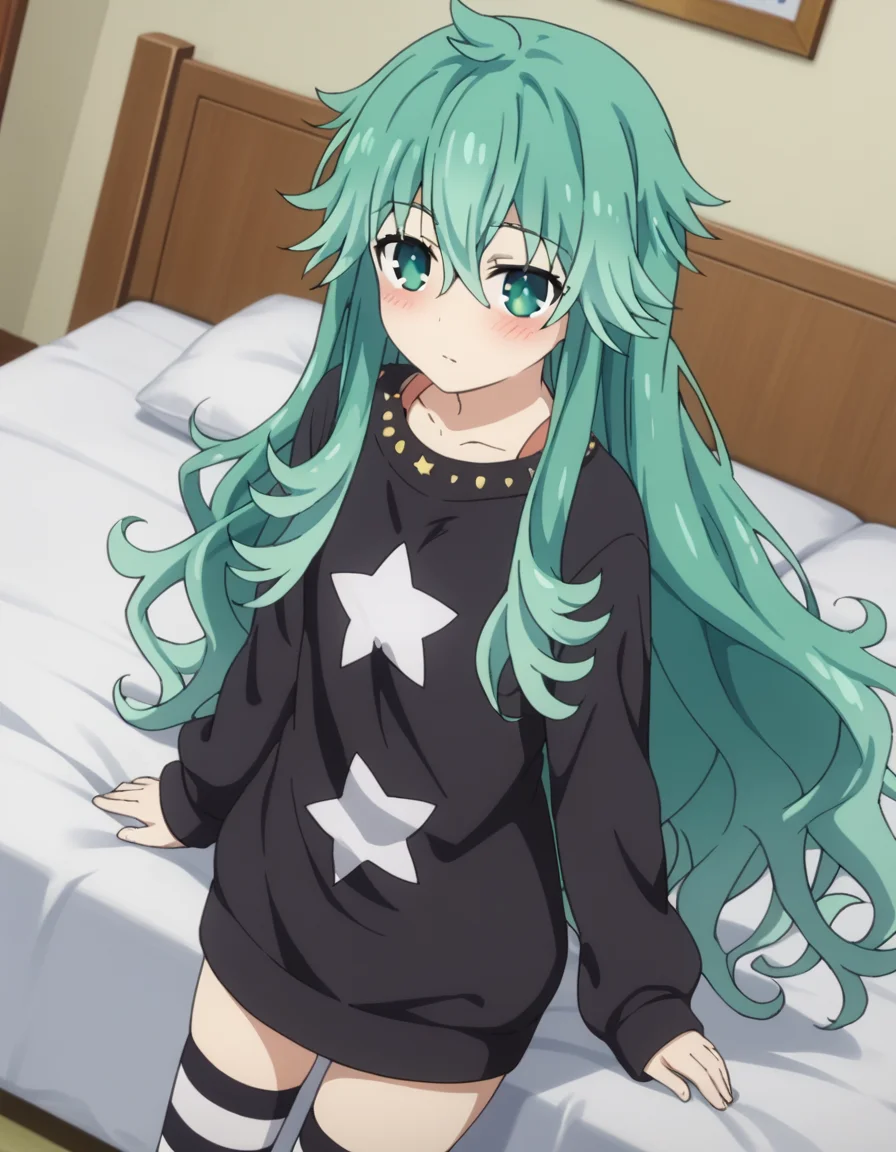 score_9, score_8_up, score_7_up, source_anime,
natsumikyouno,  <lora:natsumi-kyouno-s4s5-ponyxl-lora-nochekaiser:1>,
natsumi kyouno, long hair, very long hair, green hair, aqua hair, green eyes,
thighhighs, long sleeves, striped, star \(symbol\), sweater, striped thighhighs, star print,
indoors, bed, bed room, on side, blush, drunk,
looking at viewer, solo, cowboy shot, dutch angle,