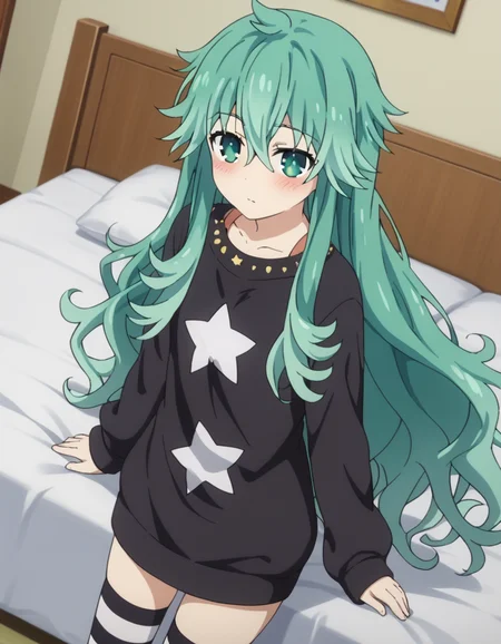 score_9, score_8_up, score_7_up, source_anime,
natsumikyouno, <lora:natsumi-kyouno-s4s5-ponyxl-lora-nochekaiser:1>,
natsumi kyouno, long hair, very long hair, green hair, aqua hair, green eyes,
thighhighs, long sleeves, striped, star \(symbol\), sweater, striped thighhighs, star print,
indoors, bed, bed room, on side, blush, drunk,
looking at viewer, solo, cowboy shot, dutch angle,