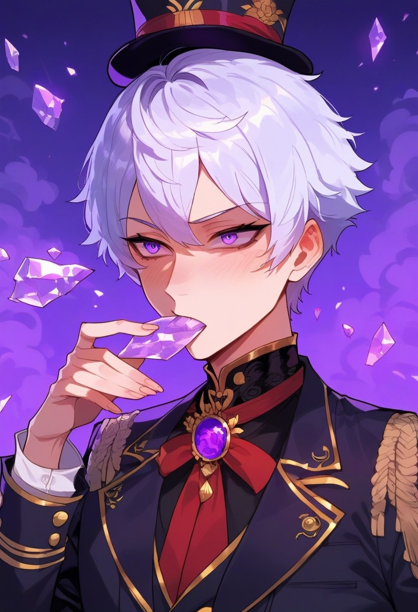 score_9, score_8_up, score_7_up, score_6_up, one anime style,1 boy, 20 year old, attractive, masterpiece, best quality, short white hair, purple tux with top hat, clear purple eyes, high detailed eyes, ice shards, purple glow, misty, smoke coming from mouth