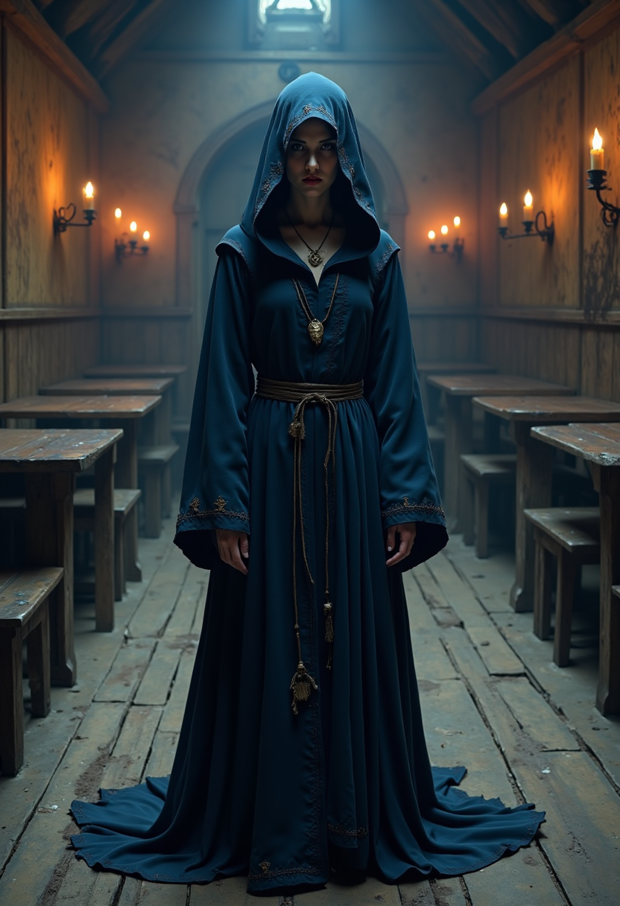 An alluring woman stands alone in the shadowed, empty tavern of Ankh-Morpork, dressed in the dark, ceremonial robes of the Elucidated Brethren of the Ebon Night. Her deep indigo robe is adorned with subtle, arcane symbols stitched along the hem and cuffs, giving her an aura of both mystique and authority. Her face is partly obscured by a dark hood, with only her piercing eyes and a hint of a mischievous smile visible, casting a captivating allure over the scene. Ghostly whispers and soft creaks seem to echo through the dusty, dimly lit room, and the flickering lanterns cast elongated shadows along the wooden walls. The atmosphere is thick with a sense of supernatural suspense, as if the tavern itself is watching her, waiting.