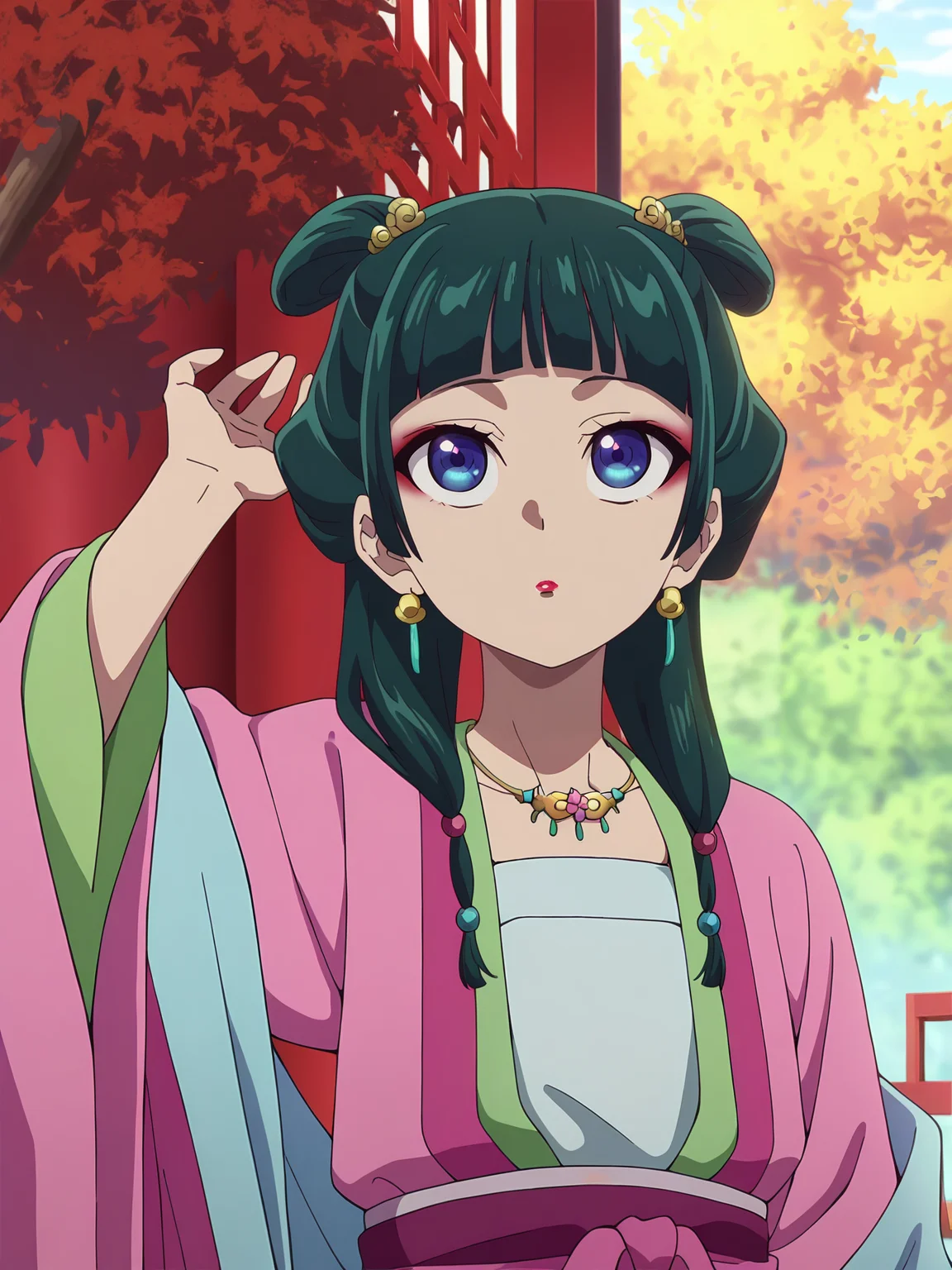 <lora:maomao:0.8>, maomao, 1girl, solo, blue eyes, red eyeshadow, red lipstick, dark green hair, twin braids, blunt bangs, hair tie, braided hair, pink hanfu, light blue shawl, silver hair clip, jewelry, necklace, earrings, confused, neutral, looking up, standing, adjusting hair, raised hand, autumn, outdoors, high contrast