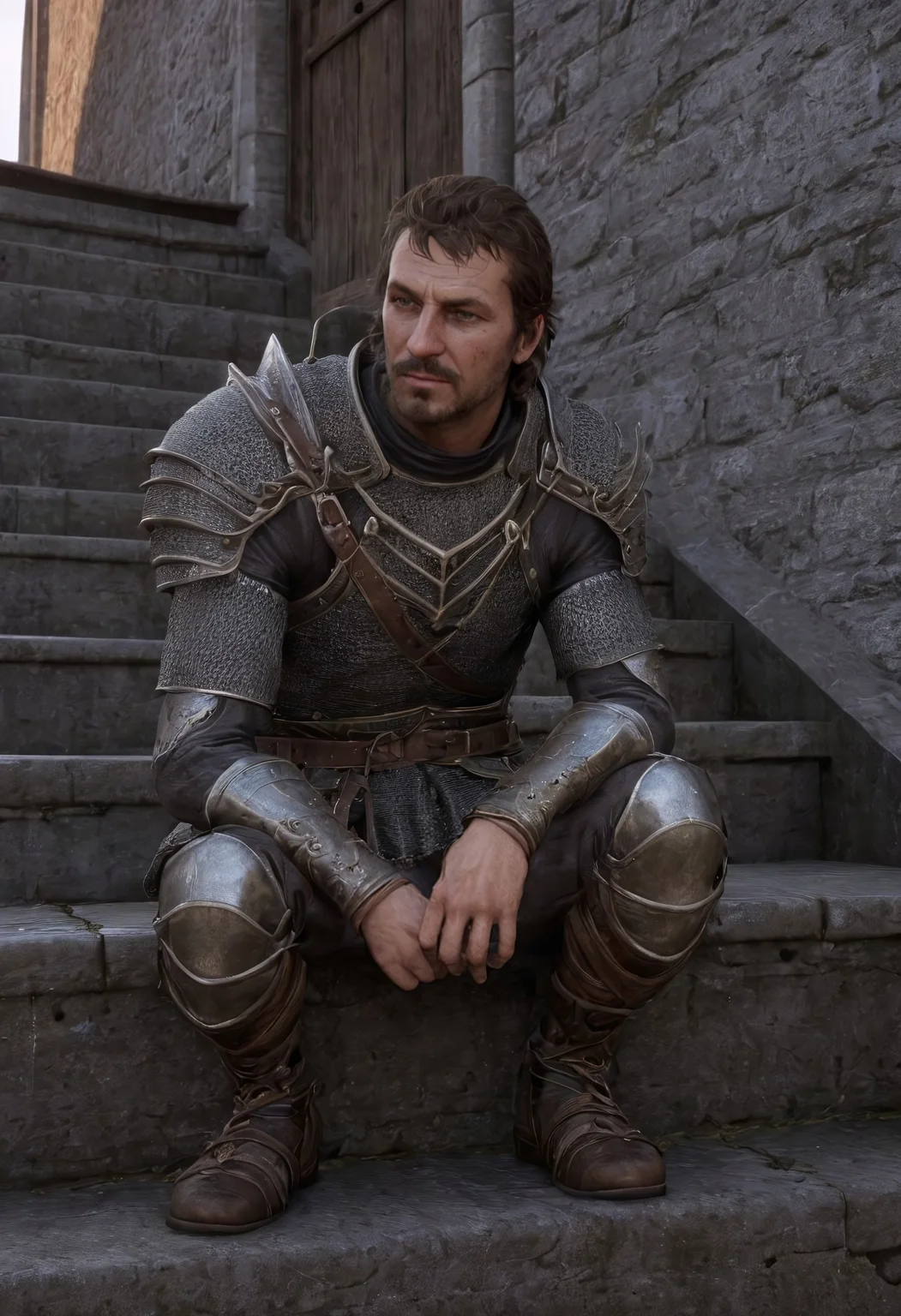 skyhold, a tired dirty man with stubble wearing chainmail armor, exterior, stairs <lora:Skyhold:0.7>