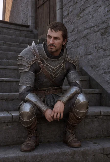 skyhold, a tired dirty man with stubble wearing chainmail armor, exterior,  stairs <lora:Skyhold:0.7>