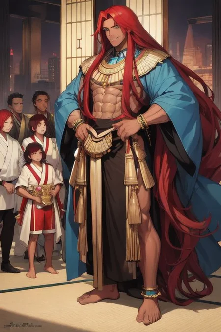 (masterpiece, best quality:1.5), (ultra realistic:1.5), (high detailed skin:1.1), 8k uhd, very high quality, (extremely detailed face:1.5), (muscular:1.5), (father and his identical triplet sons:1.5), (4boys:1.5), (insanely dark skin:1.5), (extremely dark-skinned Egyptian-Japanese man and 3 identical sons:1.5), (smile:1.5), (full body:1.5), (intricate golden bracelets and anklets:1.5), (barefoot:1.5), (amazingly bright blue eyes:1.5), (absurdly long ruby red hair:1.5), (super long ruby red hair:1.5), (city background:1.5)