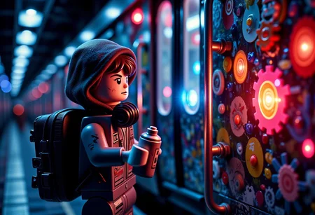lego, A hip-hop girl in a hoodie and ripped jeans, holding a spray can and painting colorful graffiti on the side of a train at night. She has headphones around her neck, and the train station is dimly lit with flickering street lights casting shadows. The scene captures her in an intense stance, with vibrant neon colors illuminating the graffiti. Cinematic, high contrast, realistic style. backpack, spraycans, graffiti, Vivid style, urban realism.
<lora:glowing_flux:0.6> glowing, made of light, outstanding composition, cinematic  <lora:Dever_Flux_Enhancer:0.5>  <lora:Cinematic_Lego:0.6>