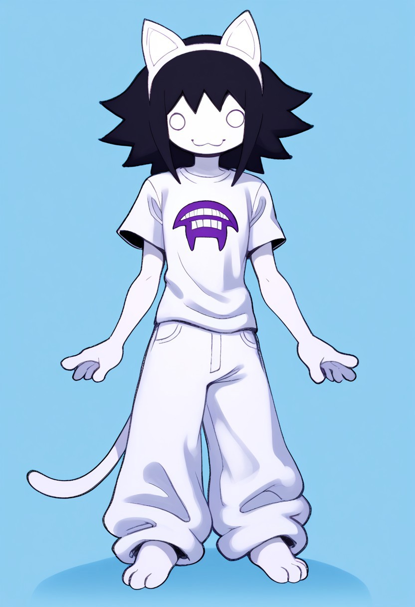 OverallDetail, angstrom, score_9, score_8_up, score_7_up, score_6_up, score_5_up, score_4_up, BREAK, Kiki Fukuoka, white eyes, no pupils, Colored skin, White skin, Black hair, Spiky hair, animal ears, cat ears, headband, :3, tail, white shirt, white pants, purple upside-down cat symbol, oversized pants, flat chest, paws, full body, solo, 1girl,