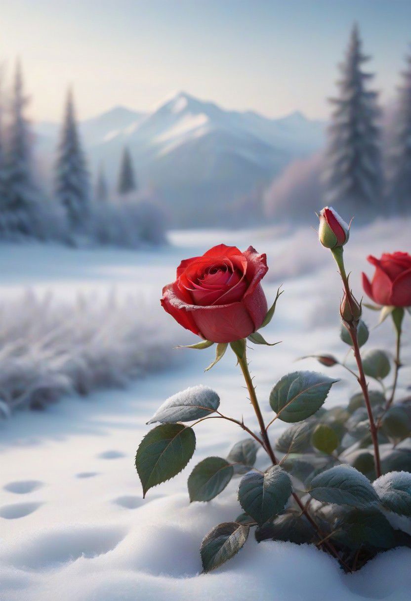 JuggernautNegative, 
Immerse yourself in the delicate beauty of nature with a captivating image of a vibrant red rose delicately perched upon a serene landscape of snow-covered ground. This high-resolution photograph, shot in stunning 8K detail, captures the essence of contrast between the fiery red petals and the cool, frost-kissed surroundings. The frozen flowers surrounding the rose add a touch of enchantment, creating a visually arresting composition that celebrates the timeless elegance of nature's artistry.