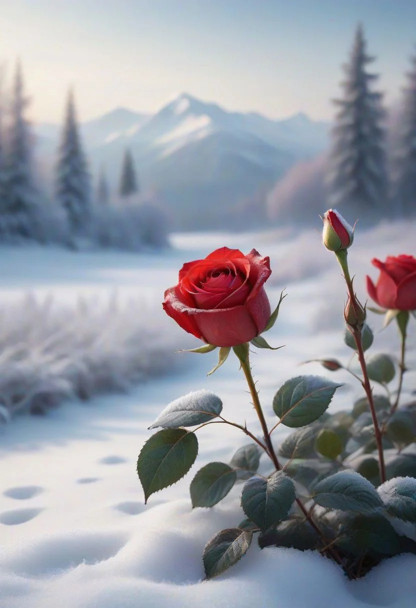 JuggernautNegative,
Immerse yourself in the delicate beauty of nature with a captivating image of a vibrant red rose delicately perched upon a serene landscape of snow-covered ground. This high-resolution photograph, shot in stunning 8K detail, captures the essence of contrast between the fiery red petals and the cool, frost-kissed surroundings. The frozen flowers surrounding the rose add a touch of enchantment, creating a visually arresting composition that celebrates the timeless elegance of nature's artistry.