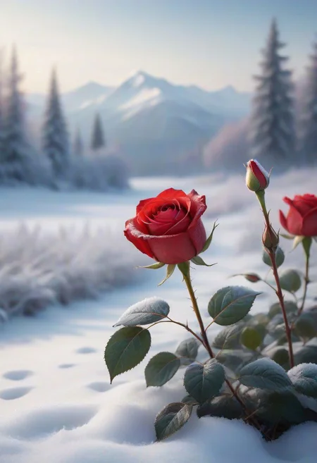 JuggernautNegative, 
Immerse yourself in the delicate beauty of nature with a captivating image of a vibrant red rose delicately perched upon a serene landscape of snow-covered ground. This high-resolution photograph, shot in stunning 8K detail, captures the essence of contrast between the fiery red petals and the cool, frost-kissed surroundings. The frozen flowers surrounding the rose add a touch of enchantment, creating a visually arresting composition that celebrates the timeless elegance of nature's artistry.
