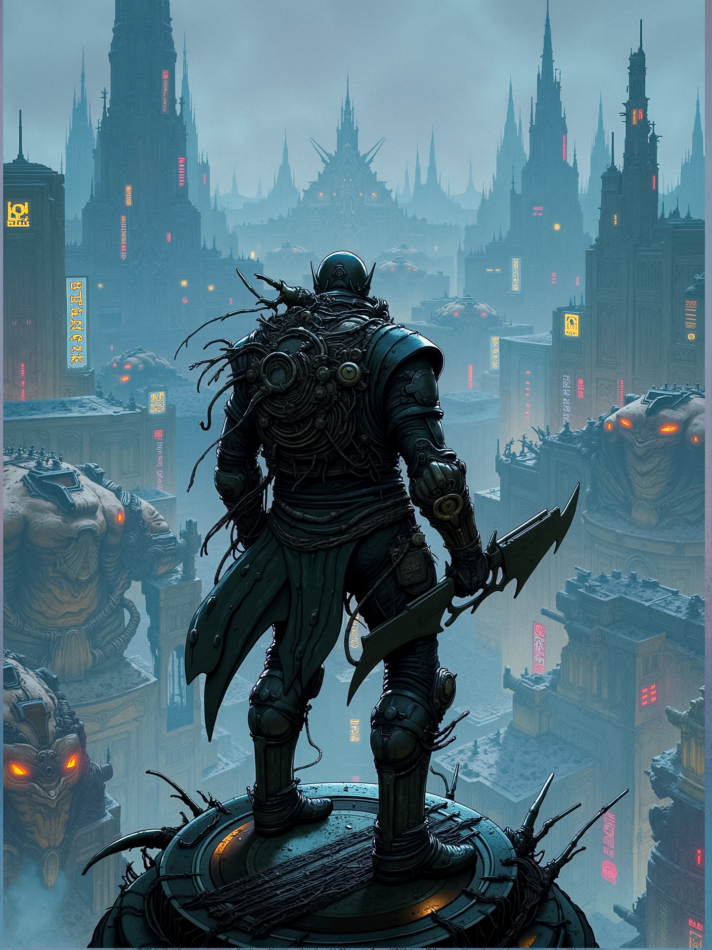 "A cybernetic warrior stands atop a ruined city, overlooking a vast, dystopian landscape. The city is a labyrinth of towering skyscrapers, twisted metal, and glowing neon signs, shrouded in perpetual twilight. The warrior's armor is heavily detailed, with wires and circuits exposed, and their weapon is an enormous, jagged blade. In the background, enormous machines move slowly through the city, their eyes glowing ominously." <lora:lora_flux_24gb:1.2>