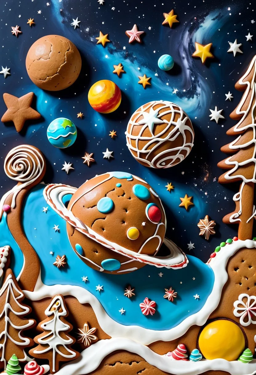 highly detailed outer space, the universe, the planets, the stars, the majesty, gingerbread, icing, candy, art, masterpiece, edible