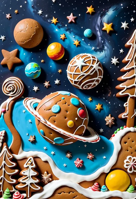 highly detailed outer space, the universe, the planets, the stars, the majesty, gingerbread, icing, candy, art, masterpiece, edible