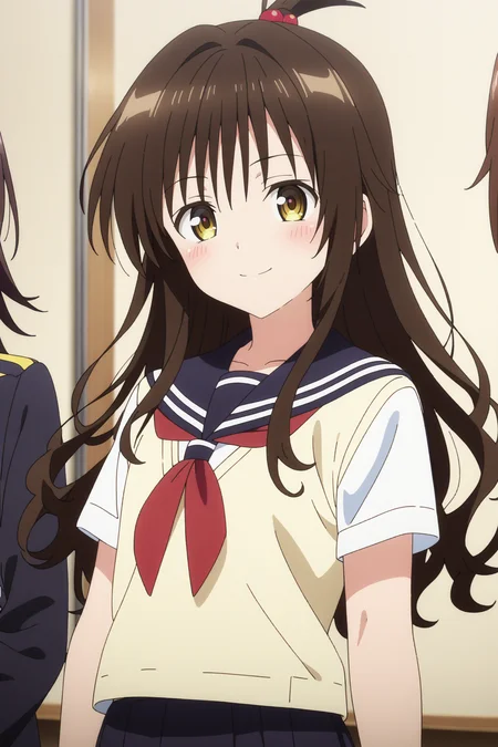 1girl, yuuki mikan, brown hair, yellow eyes, hair ornaments, long hair, topknot, wavy hair, small breasts, anime coloring, smiling, blush, looking at viewer, cowboy shot, school uniform,
masterpiece, best quality, very aesthetic, absurdres, <lora:Yuuki_Mikan_v1_Pony:1>